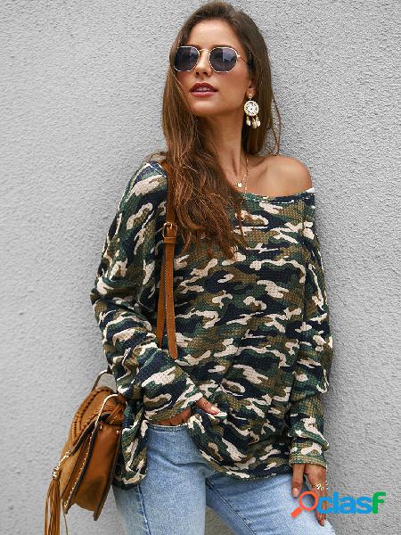 Army Green Camo One Shoulder Long Sleeves Oversize Jumper