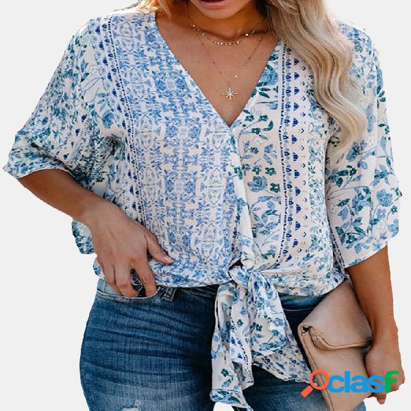 Bandage Floral Print Blusa de manga meia para mulheres