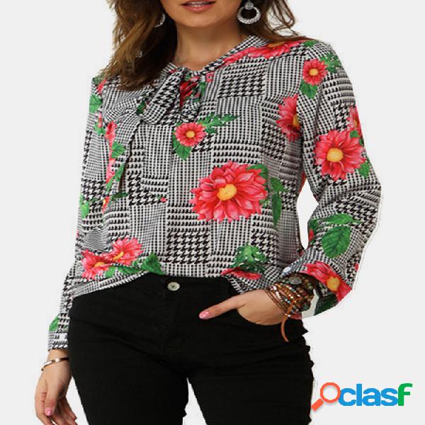 Bandage Floral Print manga comprida Camisa Para Mulheres