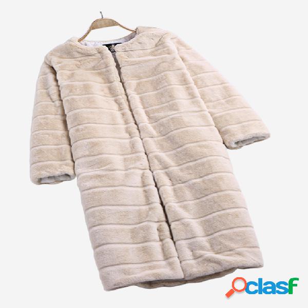 Bege Faux Fur Outono Inverno Long Sleeve Coat
