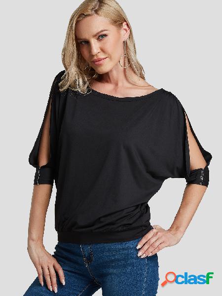 Black Cut Out Round Neck Half Sleeves Tee