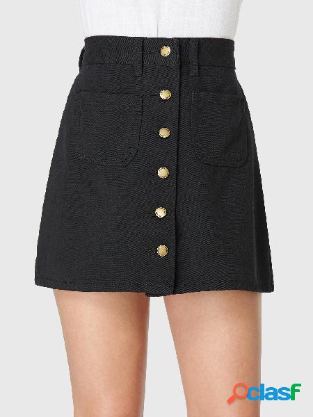 Black Denim Pockets Front Button Skirt