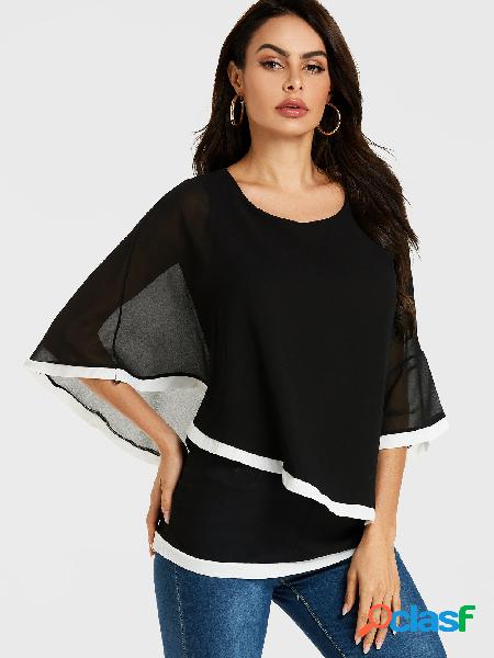 Black Double Layer Round Neck Half Sleeves Blouse