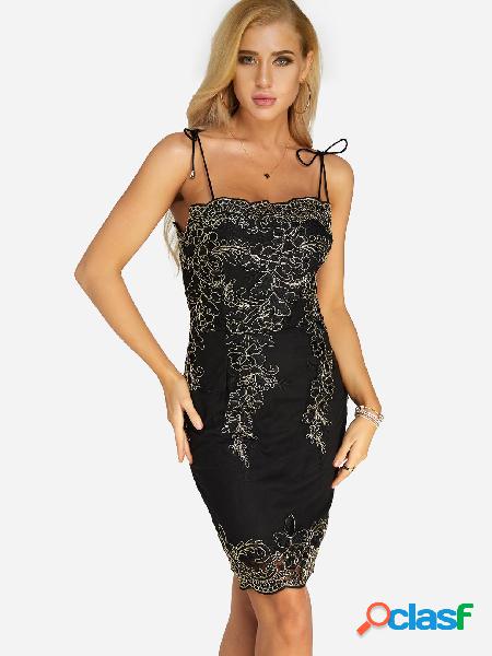 Black Embroidered Pattern Lace-up Design Sleeves Party Dress