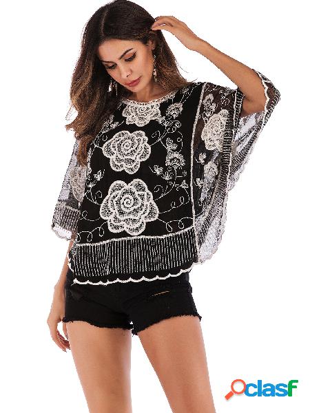 Black Embroidered Round Neck Bat Sleeves Blouse
