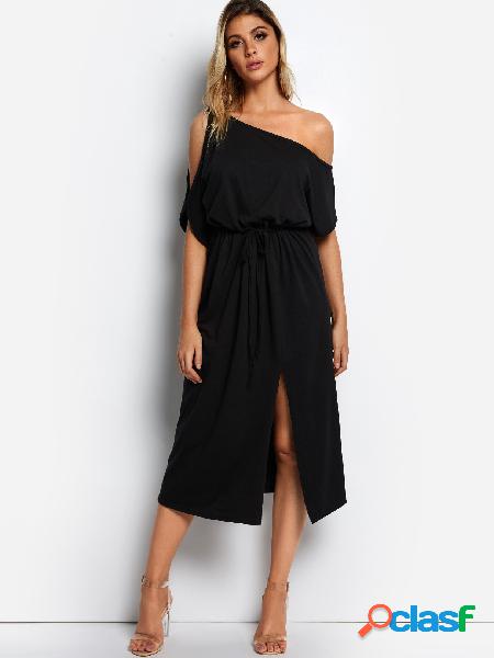 Black One Shoulder Slit Hem Dress