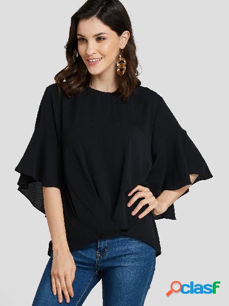 Black Round Neck Bell Sleeves Blouse
