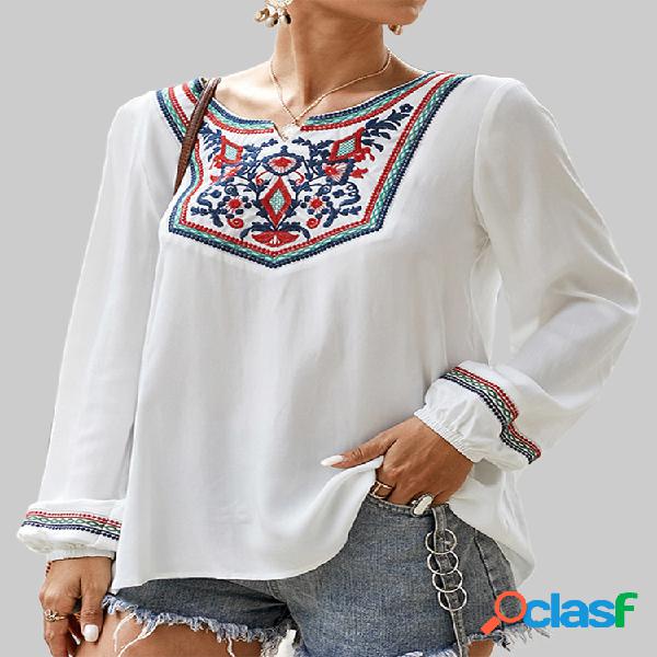 Blusa Bohemian bordada de manga comprida para mulheres