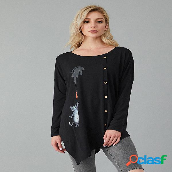 Blusa Casual Assimétrica com Estampa de Gato