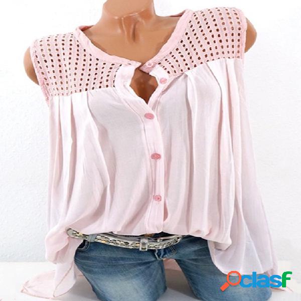 Blusa Casual de Botão Sem Mangas com Ocos