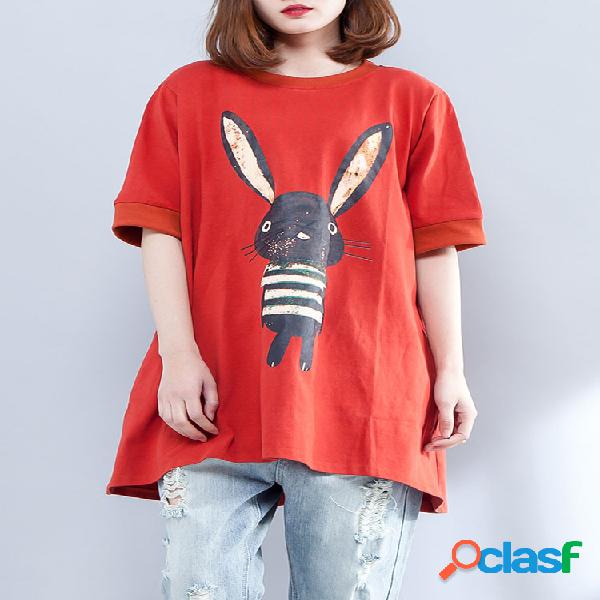 Blusa Solta Coelho Estampado Manga Curta Casual