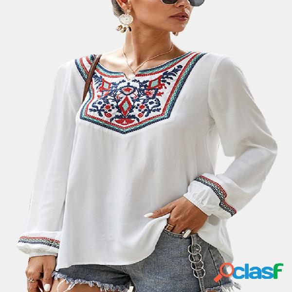 Blusa bordada casual de mangas compridas bispo