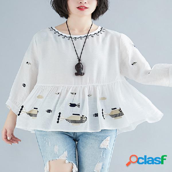 Blusa bordada de 3/4 manga O-pescoço para mulheres