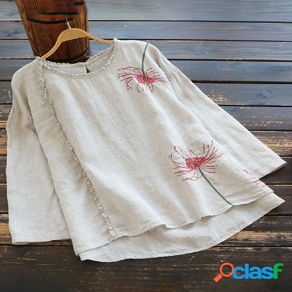 Blusa bordada flor de manga comprida com mangas compridas