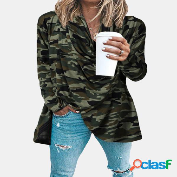 Blusa com gola de pilha de impressão de camuflagem Plus