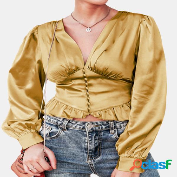 Blusa com mangas compridas com decote em V casual Plus