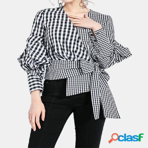 Blusa com mangas contrastantes e mangas de bispo Plus