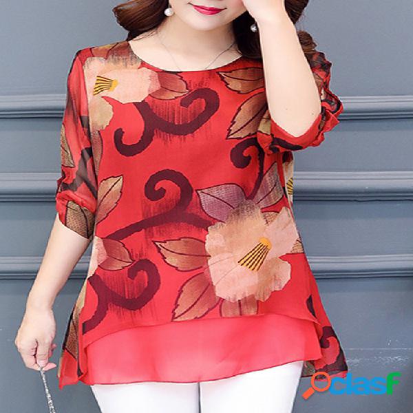 Blusa de Chiffon Impresso Meia Manga para Mulher
