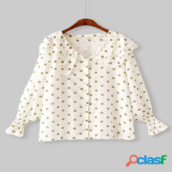 Blusa de botão casual com decote em V de bolinhas