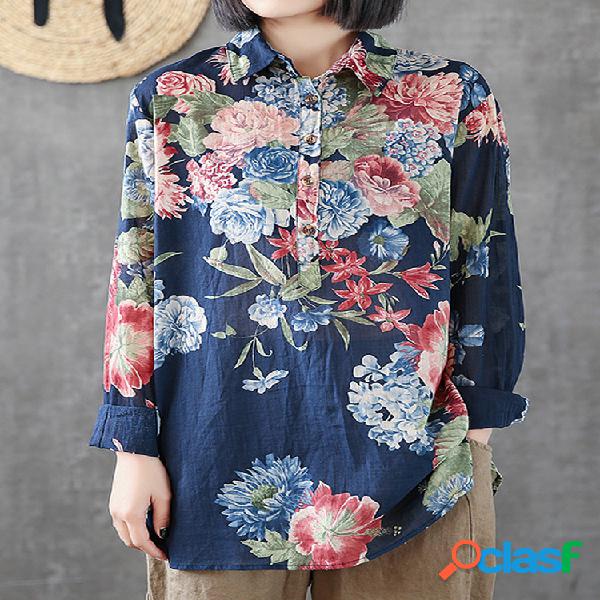 Blusa de botão solto de mangas compridas floral vintage