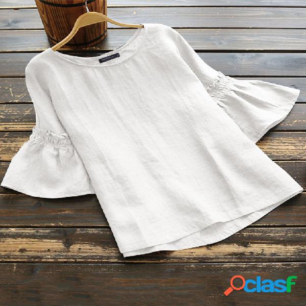 Blusa de cor sólida de mangas curtas Vintage folho