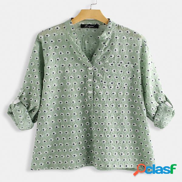 Blusa de manga comprida com decote em v de estampa floral