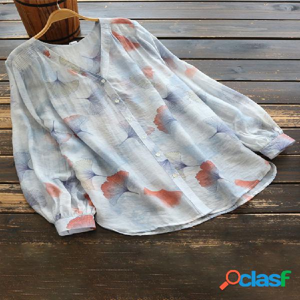 Blusa de manga comprida com decote em v floral para mulheres