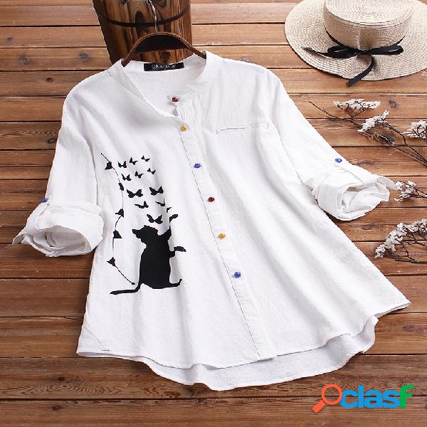 Blusa de manga comprida com estampa de gato Colorful Botão