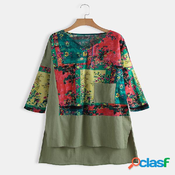 Blusa de manga comprida com estampa floral e contraste de