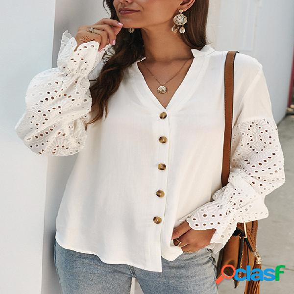 Blusa de manga comprida de retalhos bordada para mulheres