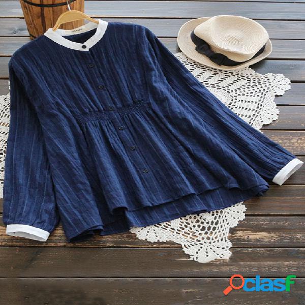 Blusa de manga comprida irregular plissada vintage