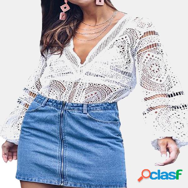 Blusa de manga comprida oca de cor sólida para mulheres