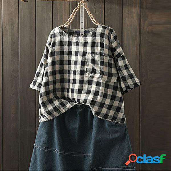 Blusa de manga xadrez vintage manga 3/4