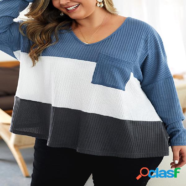 Blusa de mangas compridas com decote em V de retalhos Plus