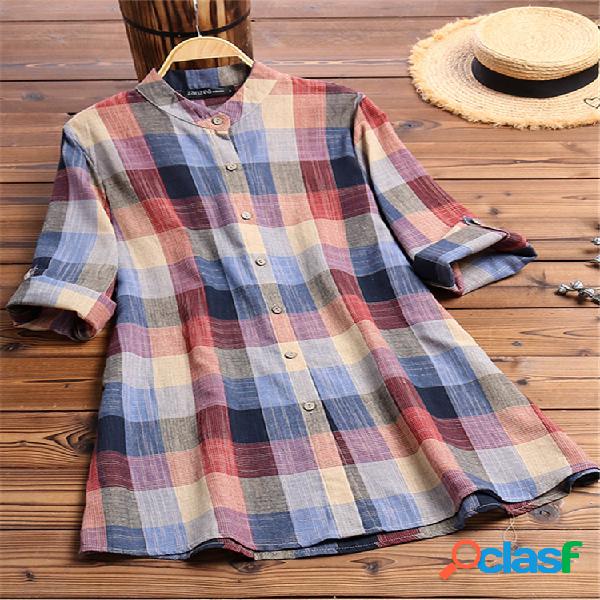 Blusa de mangas compridas multicolor vintage xadrez de manga