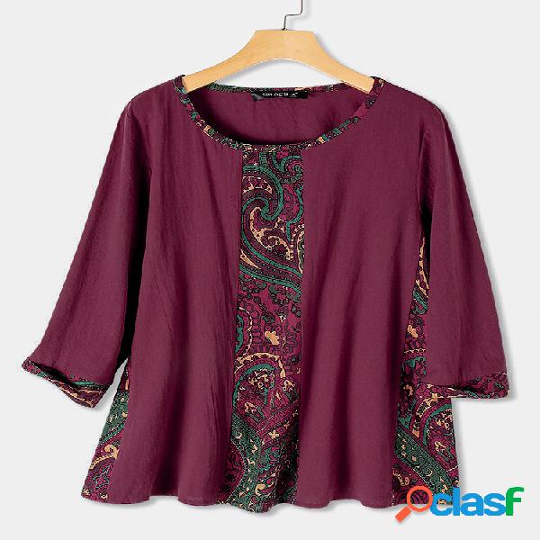 Blusa de mangas compridas étnicas com decote em v para