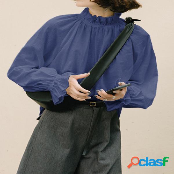 Blusa de tamanho gola babados Plus de cor sólida