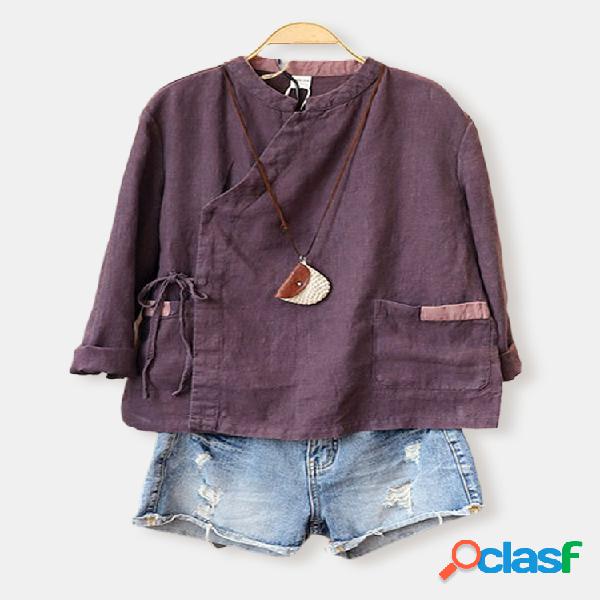 Blusa do cordão do botão do colar da cor sólida com bolso