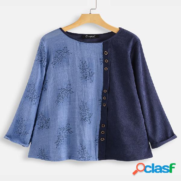 Blusa estampada com retalhos de veludo de algodão Plus