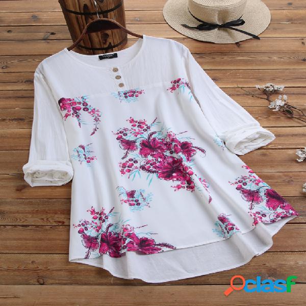 Blusa estampada de flores Casual Crewneck Plus