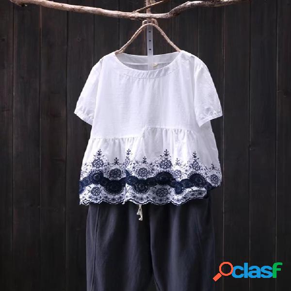 Blusa irregular de manga curta bordada vintage