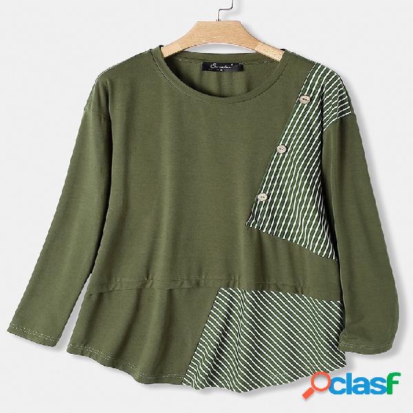 Blusa listrada botão de manga comprida de retalhos