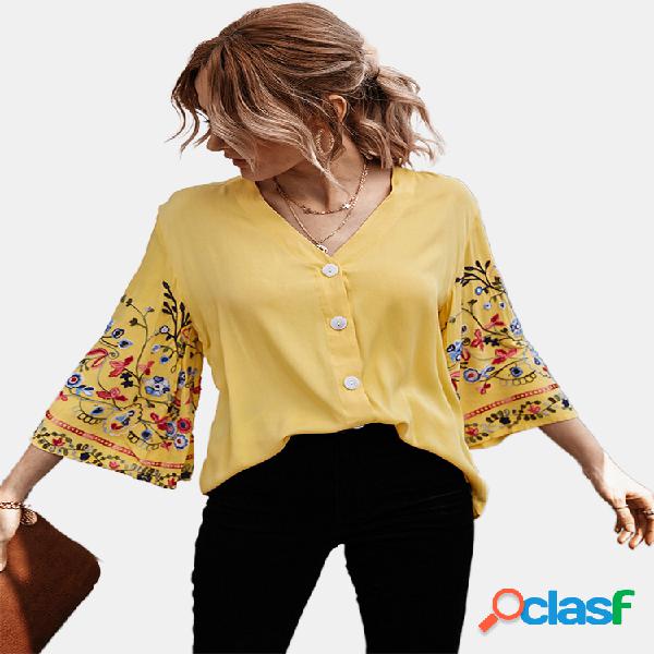 Blusa listrada de manga 3/4 vintage para mulheres