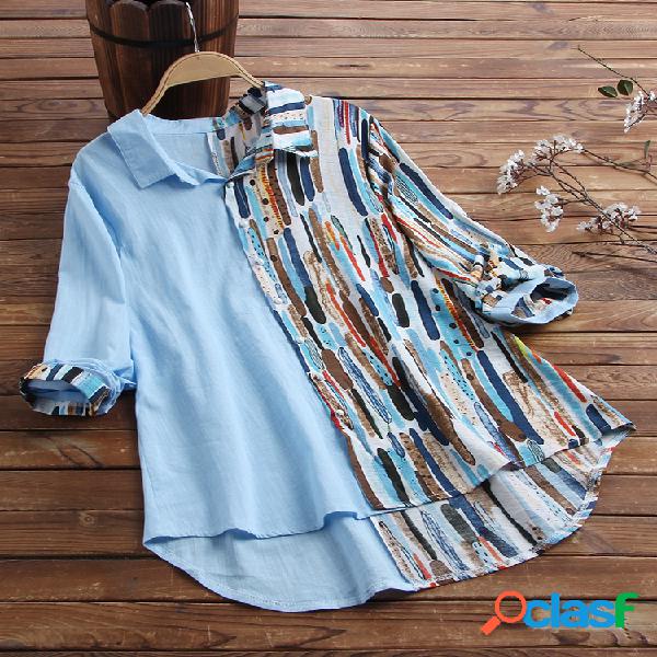 Blusa sólida de retalhos listrada Turn-down Collar Button