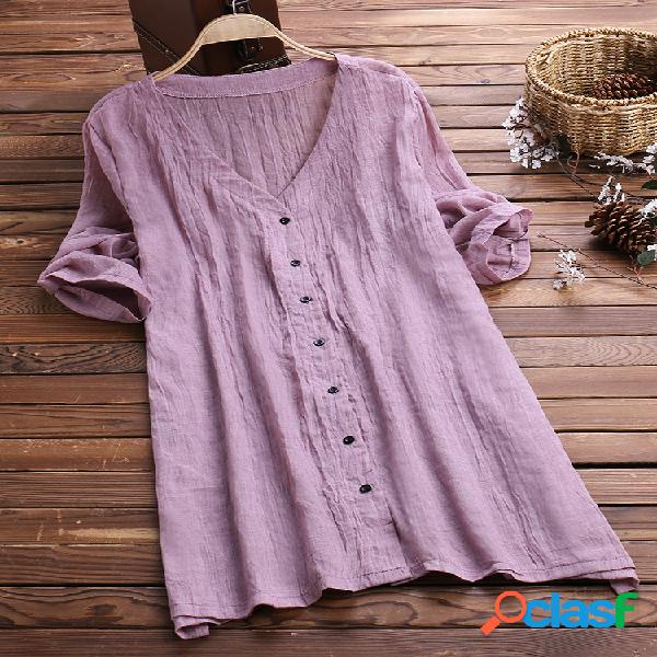 Blusas de manga comprida sólida com decote em v