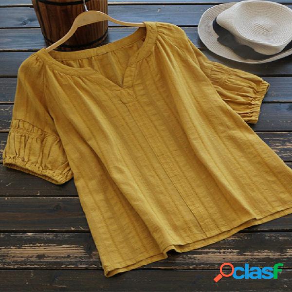 Blusas irregulares de cor pura com mangas curtas e decote em