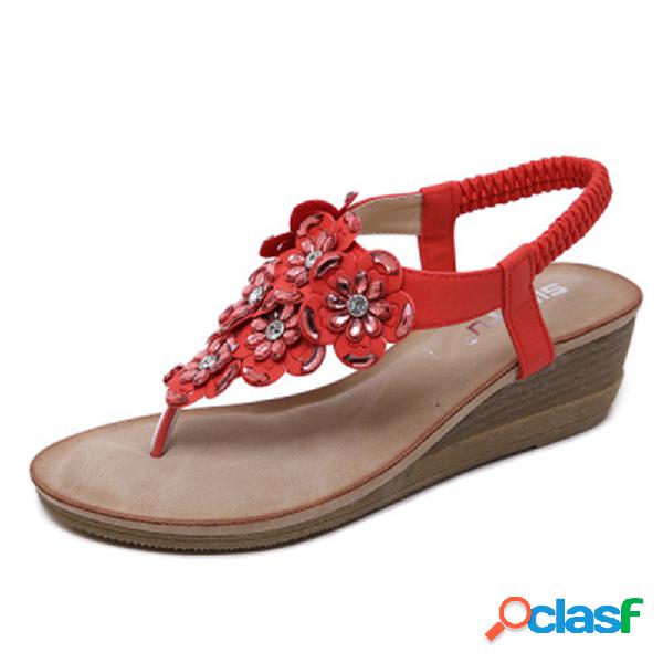 Bohemia Rhinestone Flowers Comfy Soft Clipe Toe Wedges