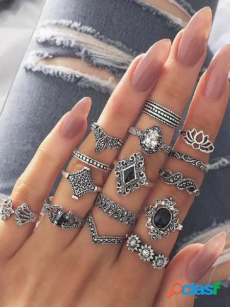 Bohemian Ancient Anemone Silver Fifteen-piece Rings Set