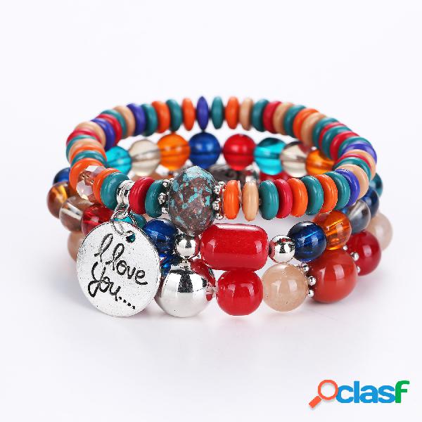 Bohemian Colorful Multileayer Beaded Bracelet com I Love You