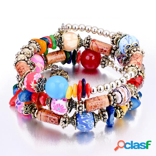 Bohemian Colorful Stone Beaded Bracelet Multilayer Wooden